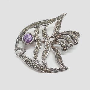 Sterling FISH Vintage Marcasite Amethyst Brooch Pin